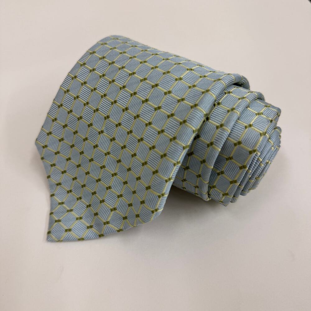 Canali Silk Tie Light Blue Olive Green Octagon Geometric Made in Italy 3.5 in